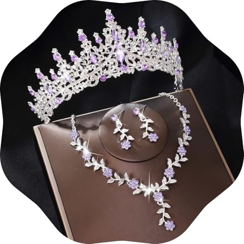 Kamirola Tiaras and Crowns for Women,Tiaras Earrings Necklace, Crystal Bridal Jewelry Set (TR48) - color: Silver Purple