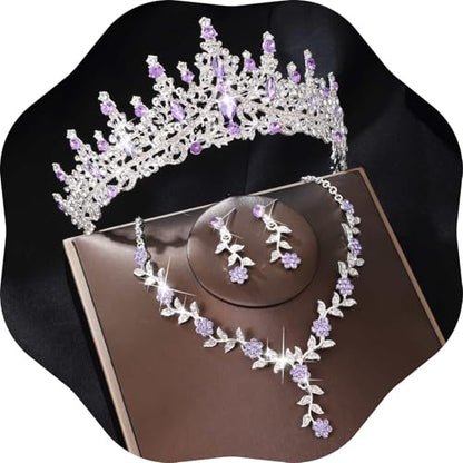 Kamirola Tiaras and Crowns for Women,Tiaras Earrings Necklace, Crystal Bridal Jewelry Set (TR48) - color: Silver Purple