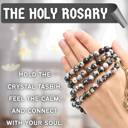 Amazing Gemstone Crystal Tasbeeh with Moon and Star Charm - Certified Crystal Muslim Prayer Beads Natural Gemstone Tasbih Gift for Ramadan Dhikr and Daily Namaz (G) - color: Black and White Jasper