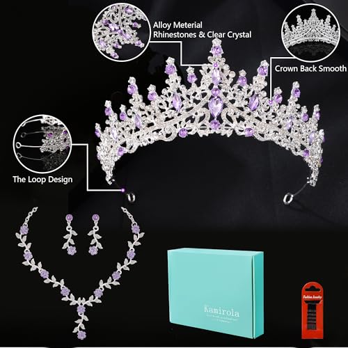 Kamirola Tiaras and Crowns for Women,Tiaras Earrings Necklace, Crystal Bridal Jewelry Set (TR48) - color: Silver Purple