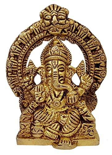 Purpledip Brass Idol Ganesha in Mandap: Decorative Statue for Home Temple (12172A)