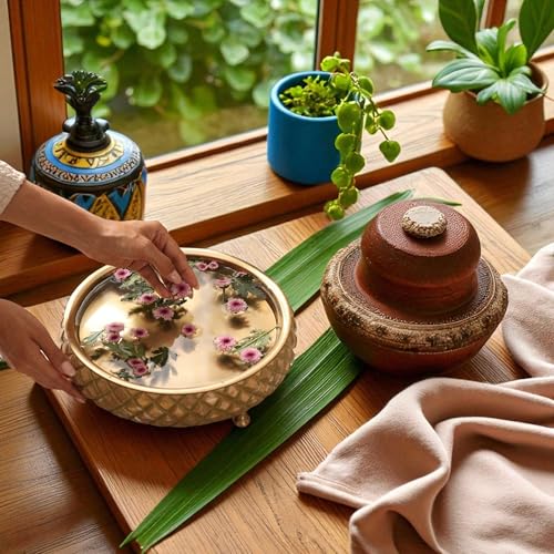 Ritualistic Chitra Handcarved Wooden Urli Bowl 11.5" Diameter | Mango Wood with Geometric Barfi Carving & Detachable Legs | Floating Candles, Flowers & Festive Décor | Diwali Housewarming Premium Gift - style: Chitra Wooden Urli