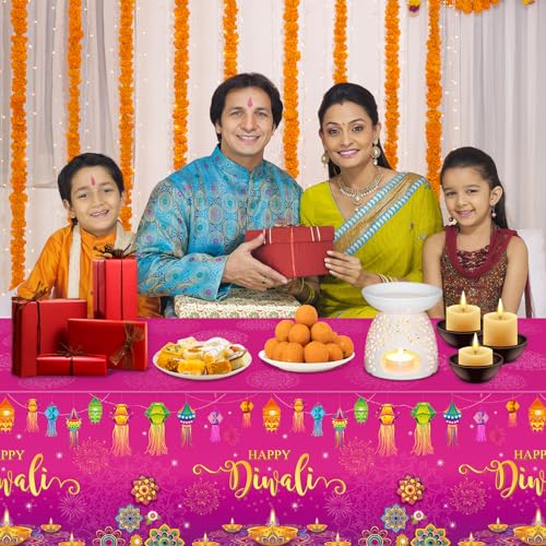 1 Pack Happy Diwali Disposable Tablecloth, Festival of Lights Plastic Table Cover for Rectangle Tables, Diwali Table Cloth for Indian Diwali Light Celebration Party Supplies Decorations, 54×108 Inch - size: 108" x 54" (Rectangular)