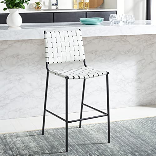 SAFAVIEH Home Collection Bahari White Woven Leather/Black 26-inch Kitchen Island Breakfast Nook Counter Stool (Fully Assembled) - color: White/Black