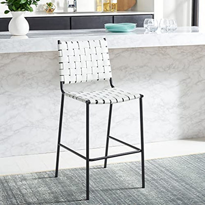 SAFAVIEH Home Collection Bahari White Woven Leather/Black 26-inch Kitchen Island Breakfast Nook Counter Stool (Fully Assembled) - color: White/Black