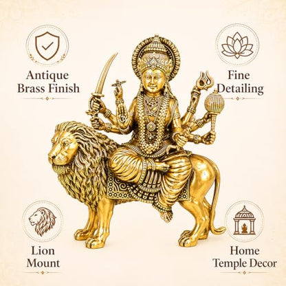 Brass Sherawali Vaishno devi Ma Durga Statue with Lion Mount Height 4" inch (Approx.) , Antique Gold Finish, Religious Hindu Idol for home temple mandir pooja room or home decor , navratri durga pooja