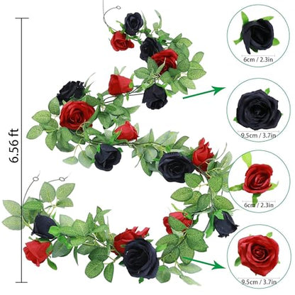 GREENTIME 2Pack 6.5FT Black Red Artificial Rose Garland Fake Rose Vines - color: Black Red