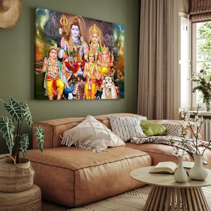 Shiva Family Canvas Wall Art Hindu Deity Poster (Framed,28x40 inch) - size: 28x40 inch