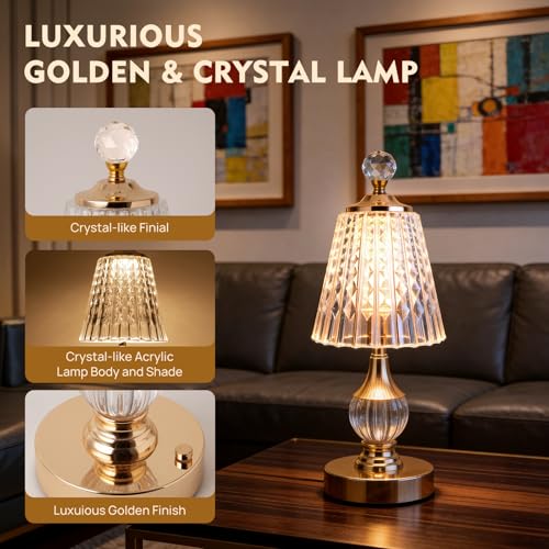 Gold Crystal Battery Operated Rechargeable Lamp Cordless, Diamond - color: Gold-Diamond