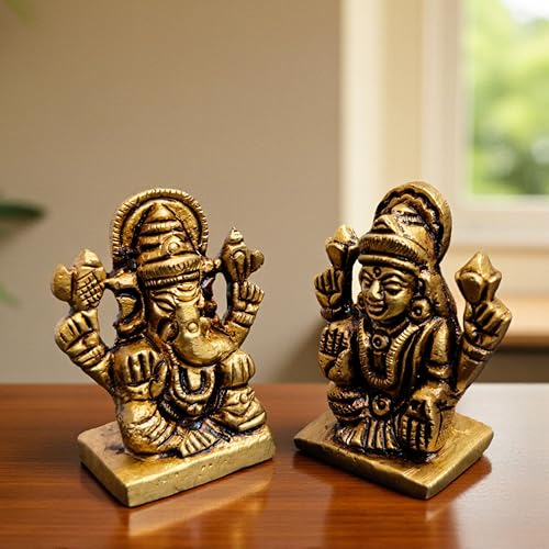 Brass Laxmi Ganesh Idol Pair 1.5 Inch Height, 120 Gram | Hindu Religious Figurine Murti Statue for Diwali, Home Temple, Office, Workplace & Festive Decor Showpiece