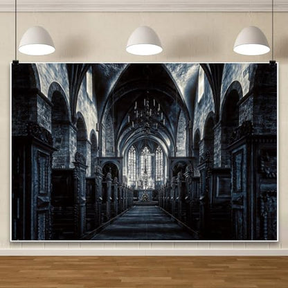 15x10ft Scary Church Halloween Backdrop Dark Black Horror Gothic Medieval Castle Interior Photography Background Halloween Night Carnival Theme Party Decor Banner Photo Studio Props - size: 15x10ft
