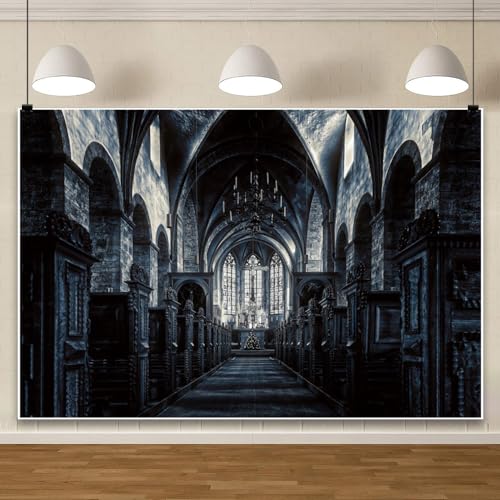 15x8ft Scary Church Halloween Backdrop Dark Black Horror Gothic Medieval Castle Interior Photography Background Halloween Night Carnival Theme Party Decor Banner Photo Studio Props - size: 15x8ft