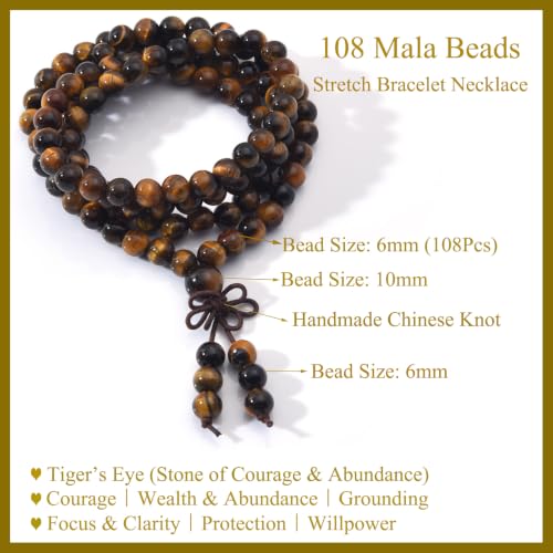 108 Mala Beads Stretch Bracelet 6mm Natural Gemstone Prayer Beaded Necklace - color: Yellow Tiger Eye