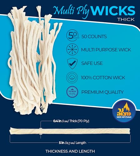 Ner Mitzvah Natural Cotton Smokeless Wicks – 50 Count (Approx.) 70 Ply Extra Thick for Oil Cup Candle – Replacement Wicks - size: Thick