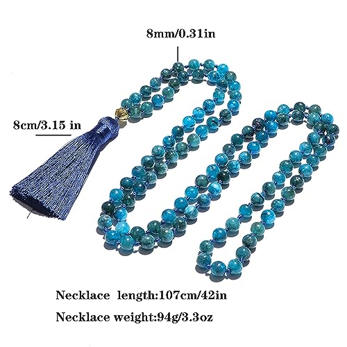 108 Mala Prayer Beads Necklace Natural Stones Meditation Yoga Jewery 108 Hand Knotted Japa Mala Beaded Long Tassel Necklace with Tree of Life Pendant for Men and Women - color: 8mm apatite