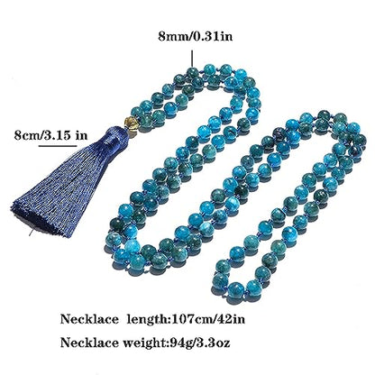 108 Mala Prayer Beads Necklace Natural Stones Meditation Yoga Jewery 108 Hand Knotted Japa Mala Beaded Long Tassel Necklace with Tree of Life Pendant for Men and Women - color: 8mm apatite