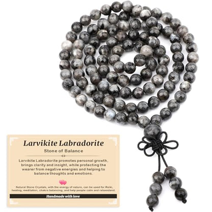 AD Beads 6mm 8mm 108 Prayer Mala Jasper Elastic Bracelet - Handmade Yoga Meditation Healing Power Energy Gifts for Unisex Adult. - color: Larvikite Labradorite(Balance )