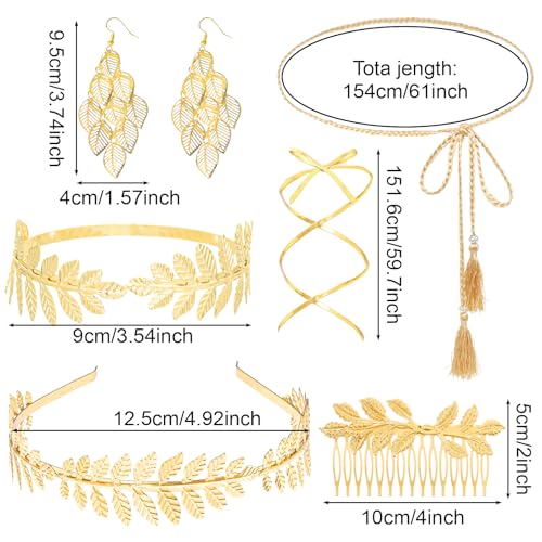 9 Pcs Greek Goddess Accessories for Women Golden Roman Laurel Leaf Crown Headband Upper Arm Cuff Bracelet Pearl Drop Earrings Necklace Toga Waist Belt Toga Costume Jewelry for Bridal Bridesmaid Wedding Party - style: Elegant