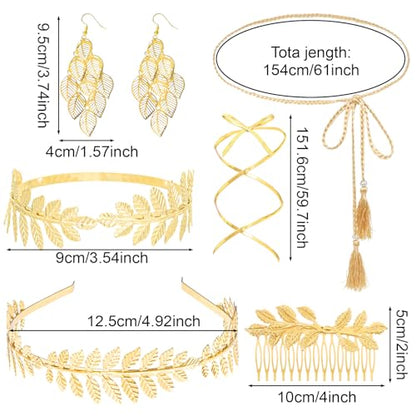 9 Pcs Greek Goddess Accessories for Women Golden Roman Laurel Leaf Crown Headband Upper Arm Cuff Bracelet Pearl Drop Earrings Necklace Toga Waist Belt Toga Costume Jewelry for Bridal Bridesmaid Wedding Party - style: Elegant