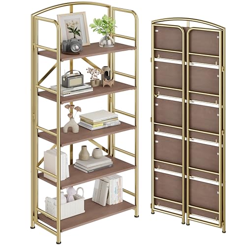 No Assembly,Gold Folding Bookshelf 5 Tiers, Vintage Storage Rack,Brown&Gold - color: Brown&gold, size: 5-tier