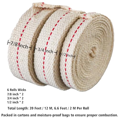 39 Feet (6 Rolls Oil Lamp Wicks), Includes 3 Sizes 1/2'' 3/4'' 7/8'' Inch Oil Lantern Wick, Soft Flat Cotton Wicks for Oil Lamps and Oil Burners, 6.6 Feet per Roll - style: Mixed Wicks