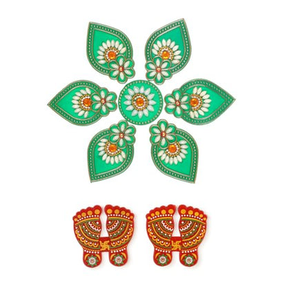 Acrylic Deepak Diwali Rangoli with Laxmi Charan Pagla | Diwali Floor Decorations Table Decoration Studded Stones Sequins Traditional Festive Home Door Décor (Design4)