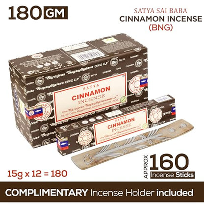 Satya Cinnamon Incense Sticks, Satya Bng (Bangalore) Insenses 15gmx12 Pack with Raajsee Incense Holder Bundle, Satya Nagchampa Natural Incense - color: Cinnamon