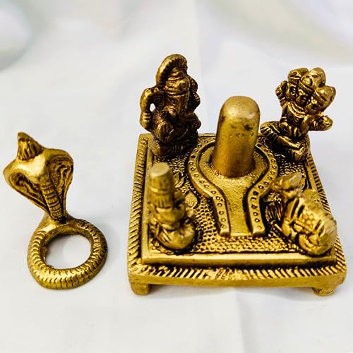 Brass Shiva Lingam Puja Set 3 Inch 330g – Mahadev Shivling with Lord Ganesha, Nandi Bull, Sheshnag and Shiva Family Brass Idol | Vastu Protection Tool for Home Temple, Meditation & Spiritual Decor