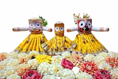 Jagannath Ji Deity Dress Set – 5 Inch Yellow & Golden poshak with zari lace for Lord Jagannath, Lord Balarama & Goddess Subhadra (Yellow and Golden) - color: Yellow and Golden