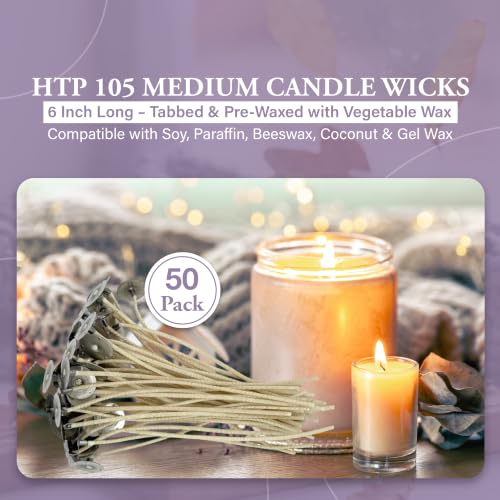 HTP 105 | 6 Inch Candle Wicks, 50 Count Pre-Waxed Pre-Tabbed - size: 50 HTP - 105