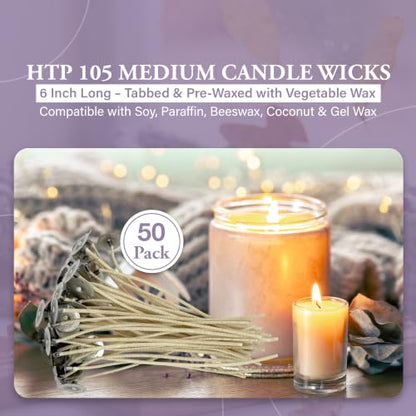 HTP 105 | 6 Inch Candle Wicks, 50 Count Pre-Waxed Pre-Tabbed - size: 50 HTP - 105