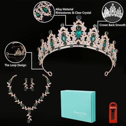 Kamirola Tiaras and Crowns for Women,Tiaras Earrings Necklace, Crystal Bridal Jewelry Set, Costume Party Halloween Prom Pageant Jewelry for Women(TR45) - color: Gold Green