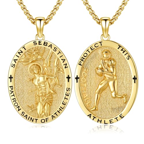 Silver/14K Gold Patron Saint Medal Amulet Necklace for Men Women - color: Gold, style: 21A-St Sebastian Football