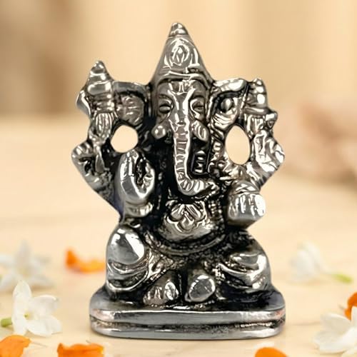 LOVENSPIRE 1 Pc Metal Ganesh Idol for Car Dashboard - 2" Spiritual Ganesh Statue for Mandir, Office & Home Decor - Small Ganpati Murti Figurine, Diwali Pooja & Housewarming Return Gift, Silver - color: Metal Silver, size: 1 Pc
