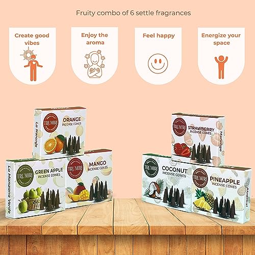 Trumiri Fruity Incense Cones - Variety Pack - Total 60 Cone Incense (6 Scents x 10 Conos) - Strawberry, Coconut, Pineapple, Apple, Mango, Orange - Cone Incense Scents - Insense Cones - Incent Cone - color: Fruity