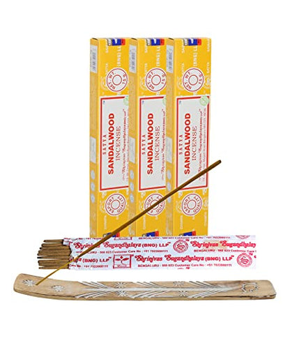 Satya Nagchampa Sandalwood Incense Sticks, Satya Bng (Bangalore) Insenses 15gmx3 Pack (45 GMS) with Raajsee Incense Holder Bundle, Satya Nagchampa Natural Incense - color: Sandalwood