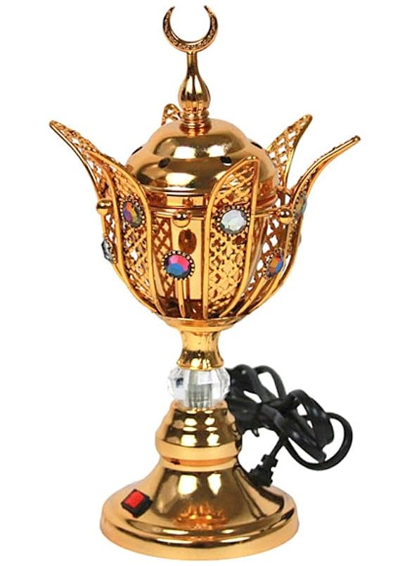 Middle Eastern Iranian Persian Arabic Muslim Islamic Arab Turkish Electric Metal Incense Burner for Charcoal Frankincense Resin Gold Color
