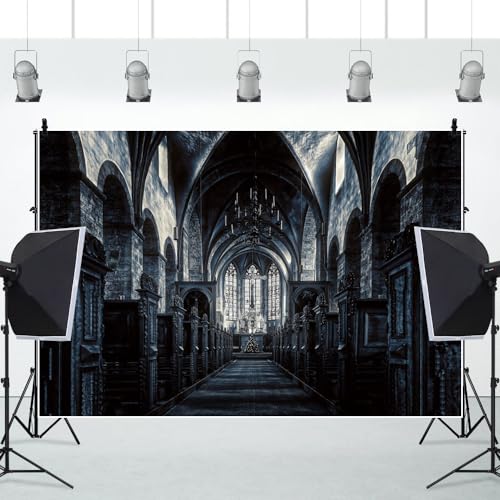 8x6ft Scary Church Halloween Backdrop Dark Black Horror Gothic Medieval Castle Interior Photography Background Halloween Night Carnival Theme Party Decor Banner Photo Studio Props - size: 8x6ft
