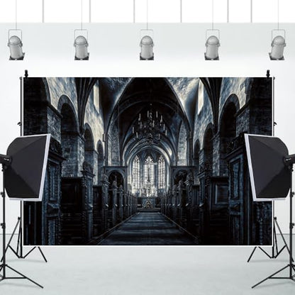 8x6ft Scary Church Halloween Backdrop Dark Black Horror Gothic Medieval Castle Interior Photography Background Halloween Night Carnival Theme Party Decor Banner Photo Studio Props - size: 8x6ft