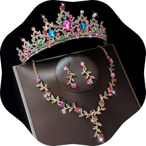 Kamirola Tiaras and Crowns for Women,Tiaras Earrings Necklace, Crystal Bridal Jewelry Set, Costume Party Halloween Prom Pageant Jewelry for Women(TR45) - color: Gold Mix Color