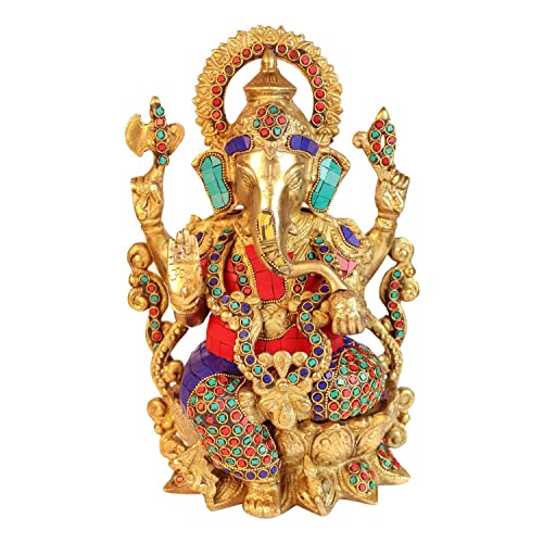 Liv Brass Lord Ganesha Statue 12.5 Inch Large, Ganesh Idol with Stonework Finish, Easter Decor House Warming Gifts Religious Sculptures Return Home Temple - color: Art Deco 2