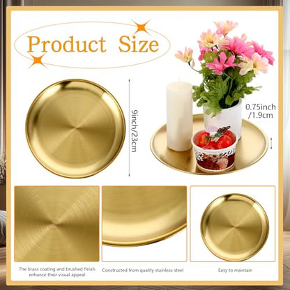 4 Pcs Gold Tray, Round Gold Tray Decorative Serving Jewelry Bar Jewelry Dish Key Bowl Mirror Dresser Decoration Vanity Trays Makeup Organizer for Bathroom Candle Perfume Countertop (9 Inch)