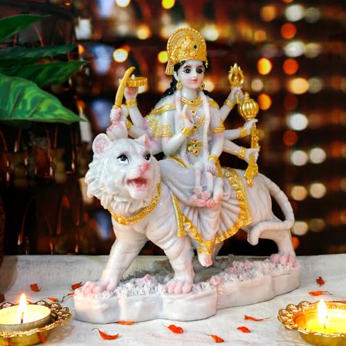 alikiki Durga MATA Idol Statue– 8.5” Marble Color Hindu Goddess Durga on Tiger Sculpture India Diwali Gifts Home Office Temple Mandir Altar Pooja Murti Item Deepavali Gifts for Indian