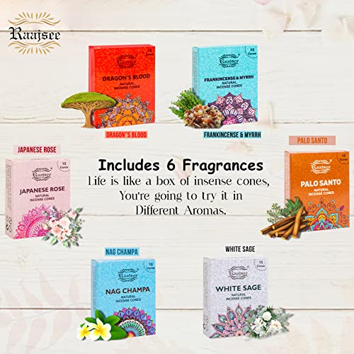 Raajsee Natural Incense Cones,6 Pack Mixed Scents Gift Pack 15 pc Each (90 Total), Insense Cones Variety Pack, 100% Organic Non Toxic Natural - Hand Rolled Free from Chemicals (Pack 2) - color: Pack 2