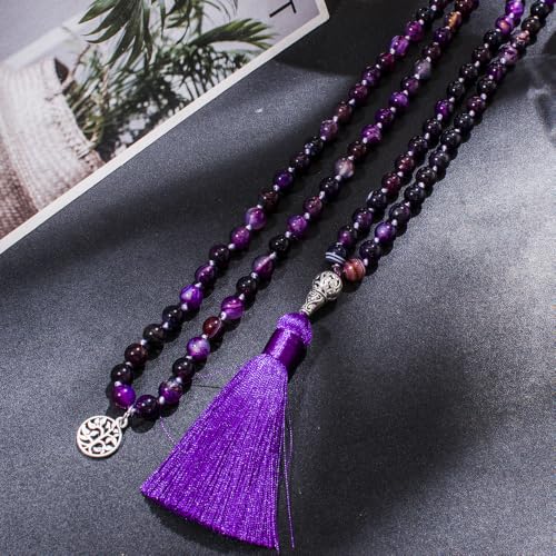 108 Mala Prayer Beads Necklace Natural Stones Meditation Yoga Jewery 108 Hand Knotted Japa Mala Beaded Long Tassel Necklace with Tree of Life Pendant for Men and Women - color: purple(Purple striped agate)