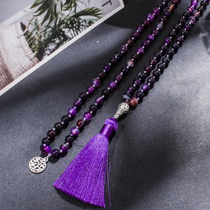 108 Mala Prayer Beads Necklace Natural Stones Meditation Yoga Jewery 108 Hand Knotted Japa Mala Beaded Long Tassel Necklace with Tree of Life Pendant for Men and Women - color: purple(Purple striped agate)