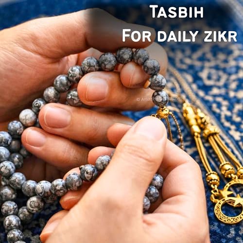 Amazing Gemstone Crystal Tasbeeh with Moon and Star Charm - Certified Crystal Muslim Prayer Beads Natural Gemstone Tasbih Gift for Ramadan Dhikr and Daily Namaz (G) - color: Black Piccaso