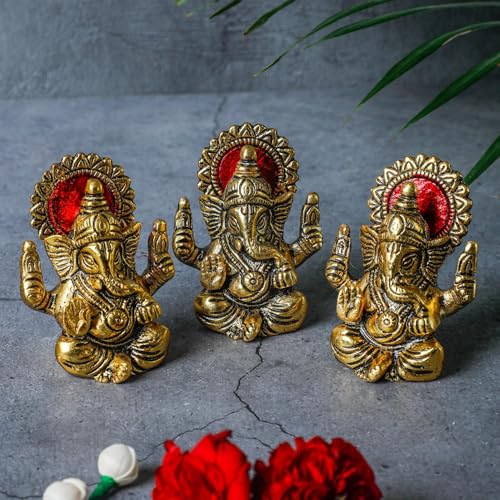 Desi Favors Brass Plated Ganesha Idol | Natural Gold Mini Hindu Lord Ganesha Figurine for Car Dashboard, Temple Home Decor, Diwali Pooja Gifts | Indian God Mandir Gift, 2.5x3 Inch (Pack of 1) - style: Brass Plated Ganesha Idol