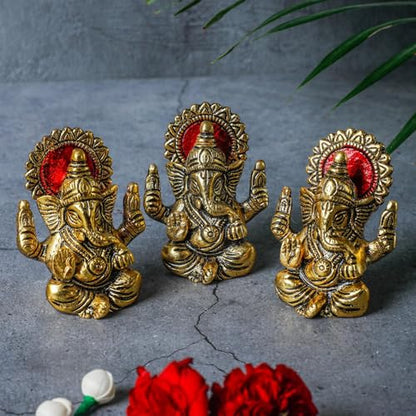 Desi Favors Brass Plated Ganesha Idol | Natural Gold Mini Hindu Lord Ganesha Figurine for Car Dashboard, Temple Home Decor, Diwali Pooja Gifts | Indian God Mandir Gift, 2.5x3 Inch (Pack of 1) - style: Brass Plated Ganesha Idol