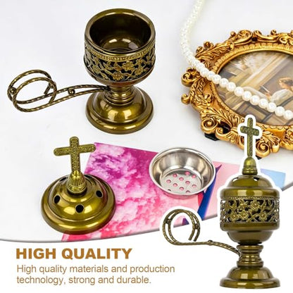 1 PCS Catholic Church Incense Holder with Cross Lid, Home&Altar Incense Burner, Charcoal Censer Incense Burner, Unique Meditation Gift, Frankincense Resin Bakhoor Burner (Bronze)